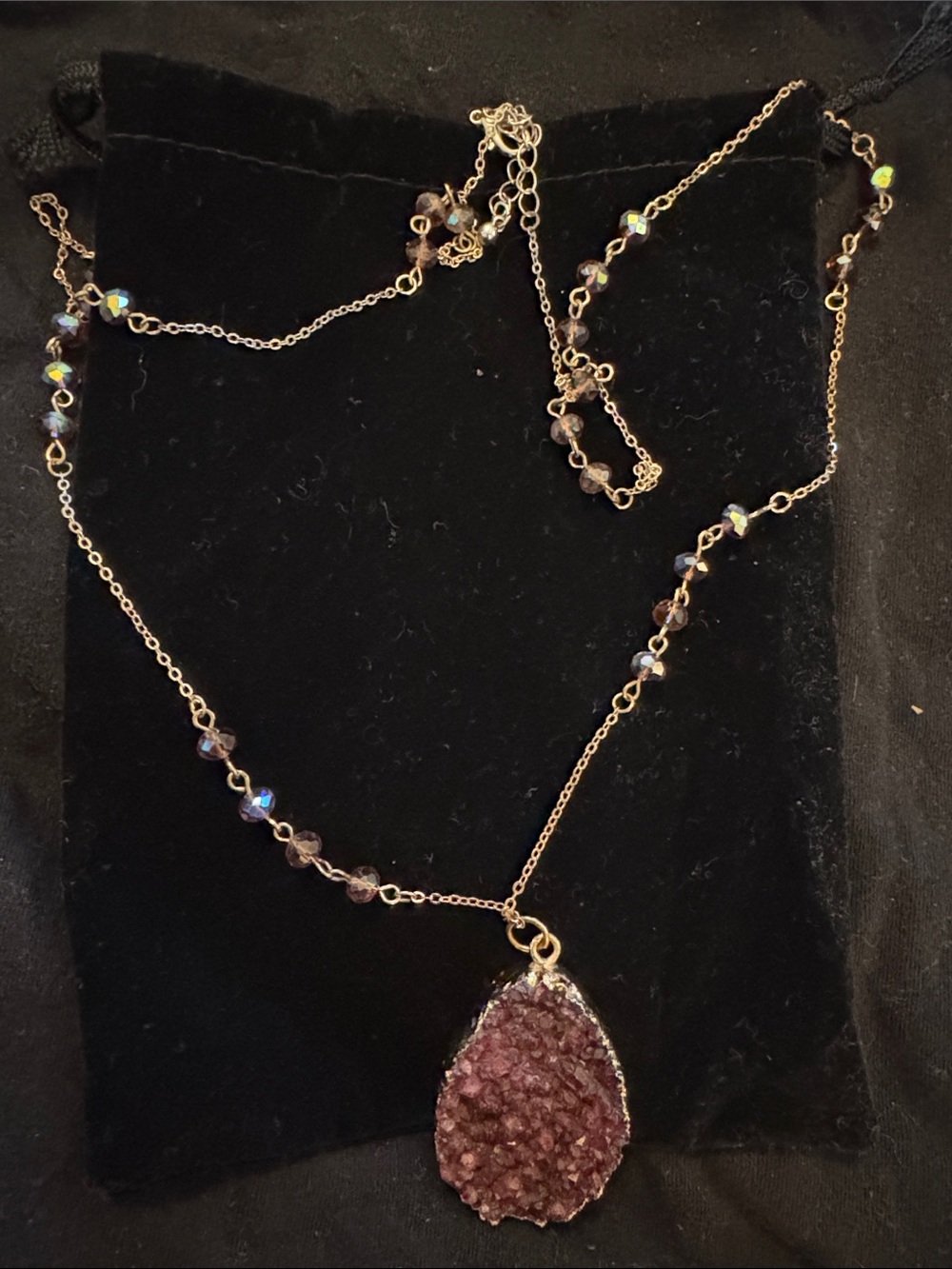 Wrap Purple Crystal Agate Druzy Quartz Geode Freeform Pendant purple Beads chain